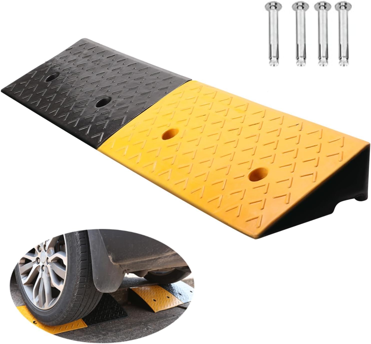 Bordsteinrampe Gummi, 13 cm Hoch Bordsteinkantenrampe für Rollstuhl, Autorampe Türschwellenrampe mit 4 Spreizschrauben für LKW PKW Gabelstapler