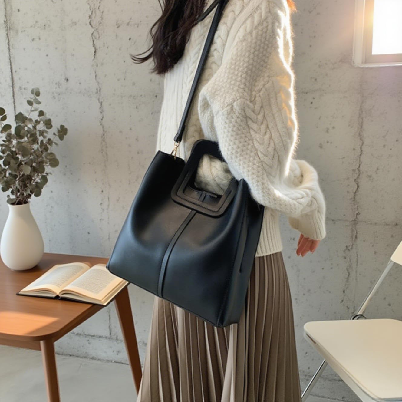 Crossbody Shoulder Bags for Women, Minimalist Leather Purses Tote bags for Women, 5.6L with Vintage Brown for Business