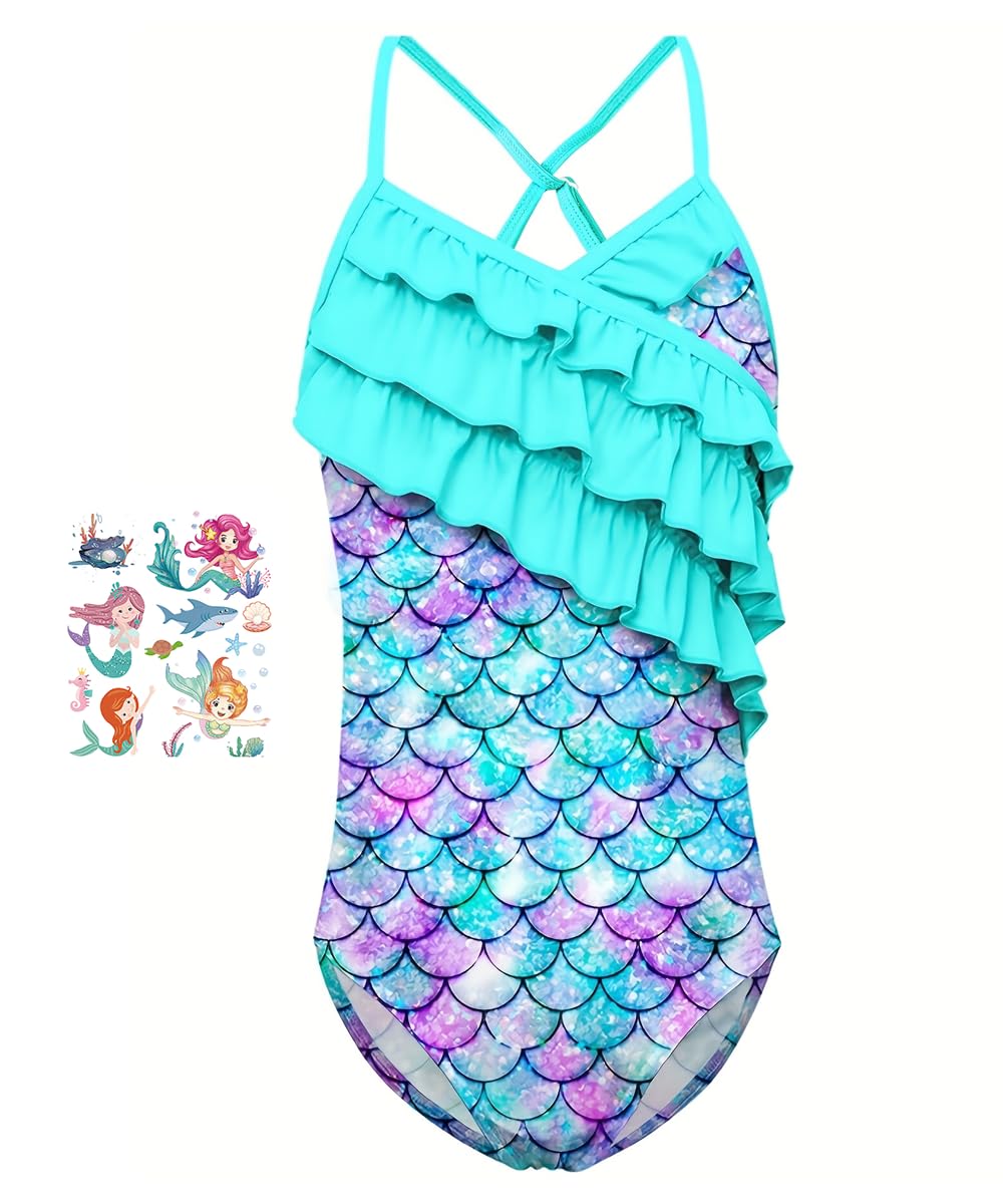 YYDSXKBañador Natacion Niña, Traje de Baño de Sirena para Niños, Una Pieza Traje de Baño, Traje de Baño de Playa de Secado Rápido, Traje de Baño Bikini Bañador Niña con Tatuajes Temporales de Sirena