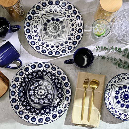 16 Pieces Dinnerware Set, Stoneware, Plates And Bowls Sets, Service For 4, Porcelain, Decorated Mod Dot Blue, Microwave Dishwasher Safe, Chip Resistant, For Everyday Casual Kitchen And Formal Dinner #TOP3