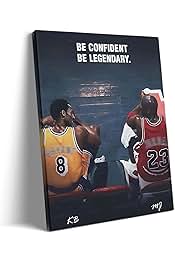 Kobe Bryant Canvas Wall Art Decor - Lakers No. 8 and Michael Jordan No. 23 Bench Moment, Basketball Duo Poster, famous saying“Be Confident, Be Legendary” Sports Decor for Gym or Home 8X10 inch