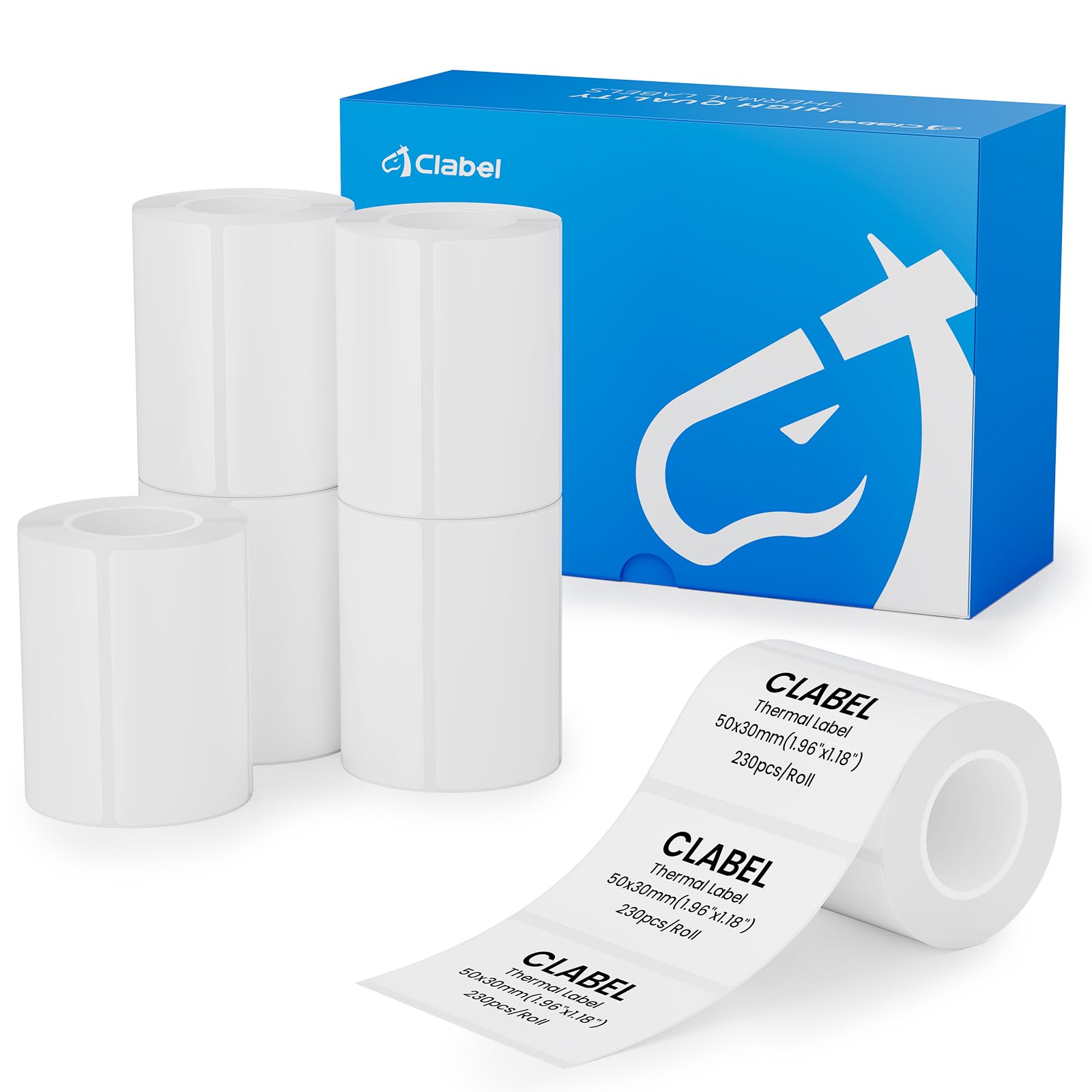 CLABEL 6 rollos de cinta de etiquetas blanca de 50x30 mm para impresora de etiquetas 221B 220B 230B 320B, etiquetas térmicas autoadhesivas para etiquetadora, 200unidades/rollo(1,97"x1,18")