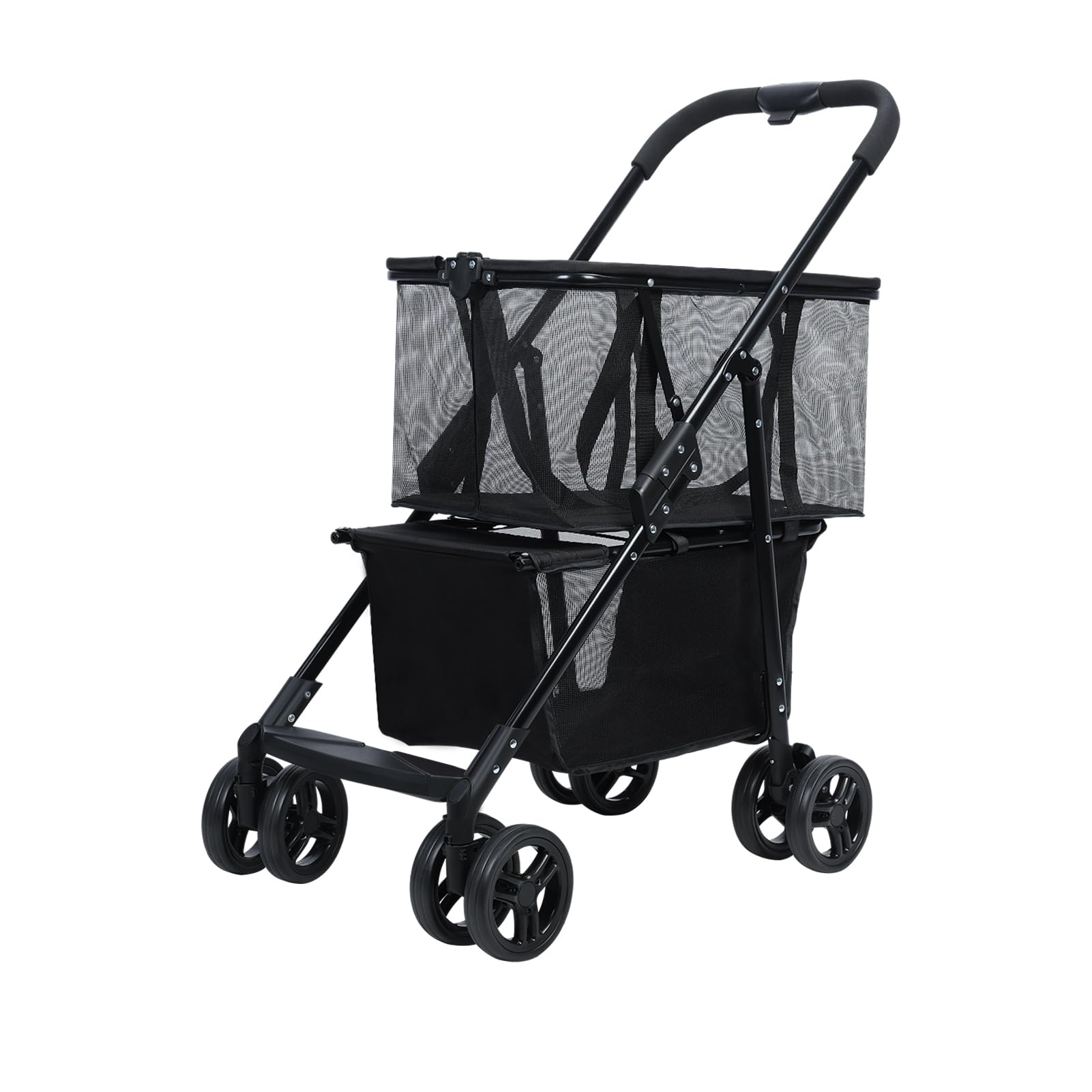 Folding Shopping Trolley with 2-Tier Storage, Multi Use Grocery Carts with 360° Wheels & Removable Tote Bag for Shopping Laundry, Camping Gear etc