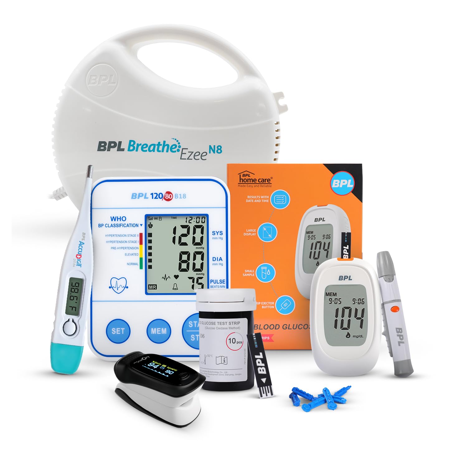 BPL Medical Technologies Home Care Combo - B18 Blood Pressure Monitor + Glucometer Kit + N8 Nebulizer + Smart Oxy Oximeter + DT-04 Thermometer-image-2