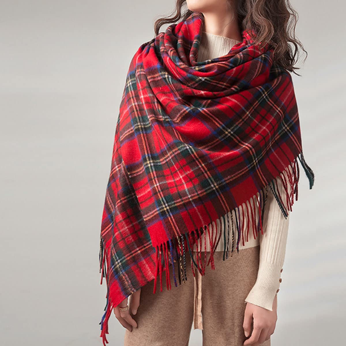 Sciarpa in pura lana, scialli invernali morbidi e caldi, alla moda da donna, con nappe e quadri, colore rosso