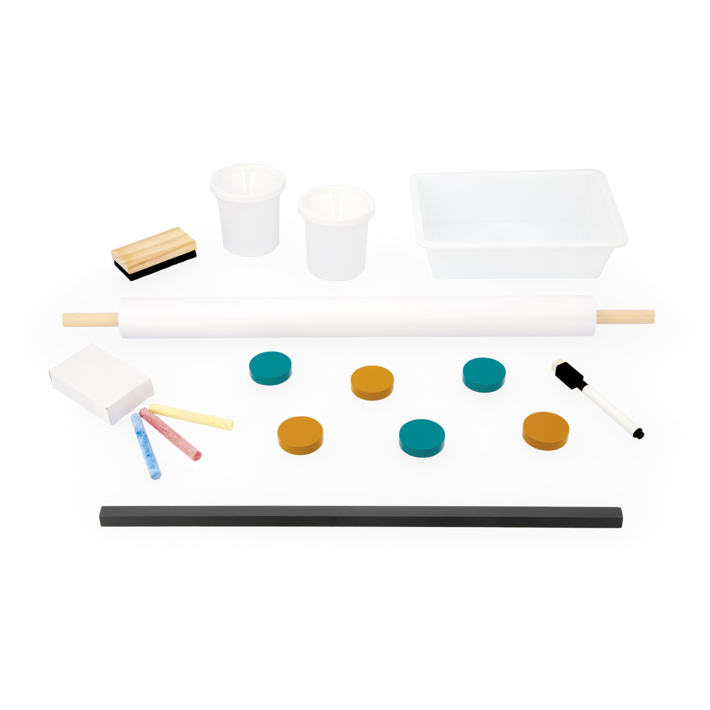 Janod J09625 - Cuadro de caballete doble cara, ajustable en altura, pizarra blanca magnética + pizarra para tiza + rollo de papel, 23 accesorios incluidos, a partir de 3 años