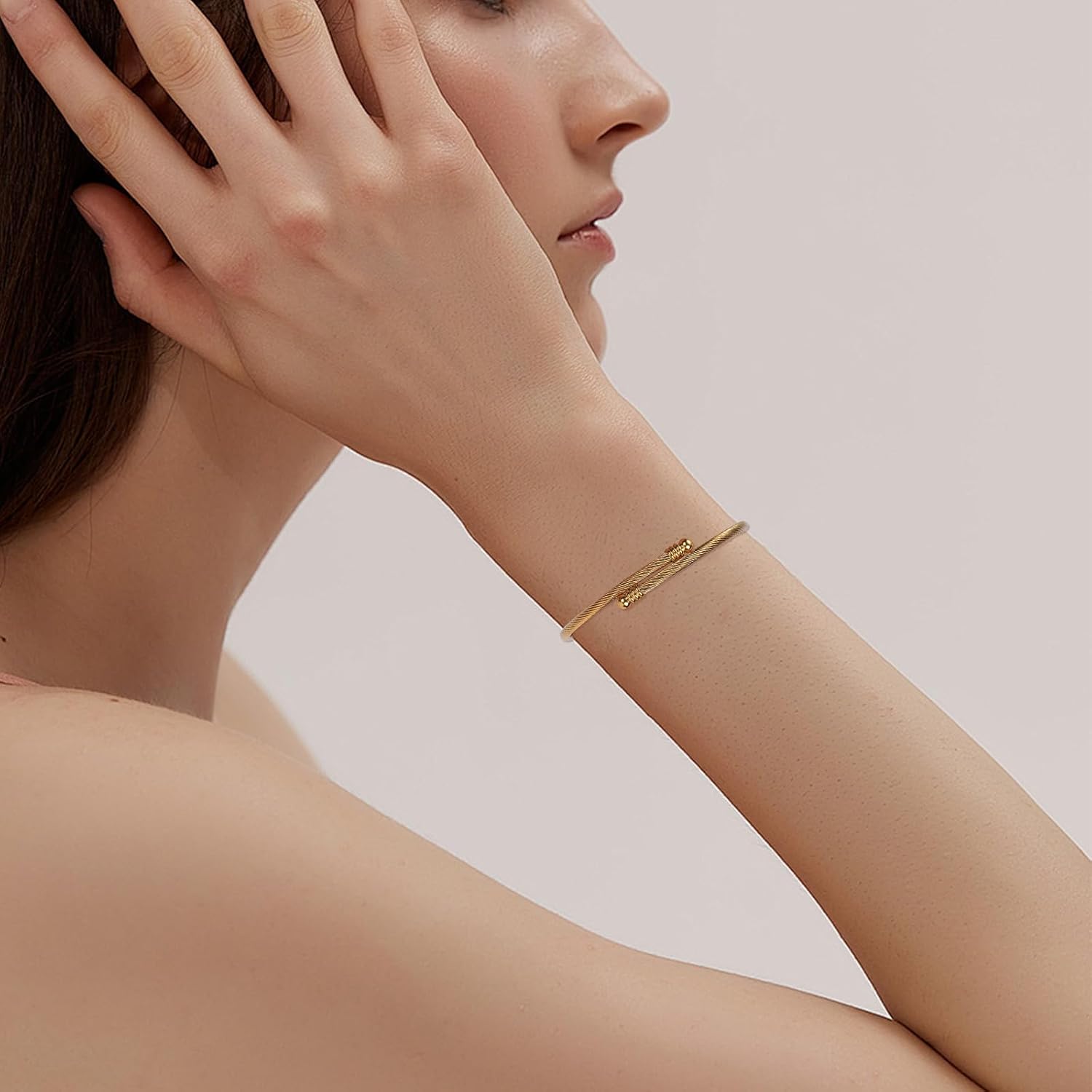 Dainty Twist Rope Cable Bracelets Stainless Steel Open Cuff Bracelet with Oval Beaded Adjustable Bracelet Minimalist Jewelry Gifts for Women - Image 7