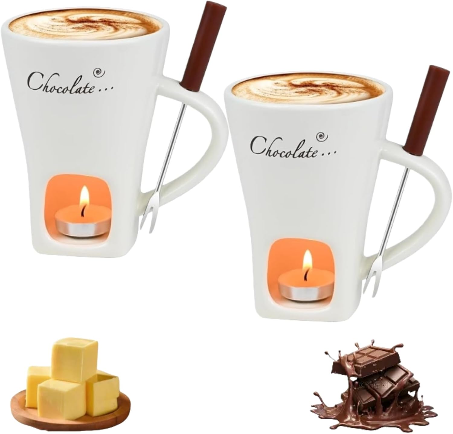 Chocolate Fondue Mug, Chocolate Melting Cup with Candle and Fork,Ceramic Mug Sets, Suitable As Date Night & Birthday and Wedding Gifts（2PCS) (white)
