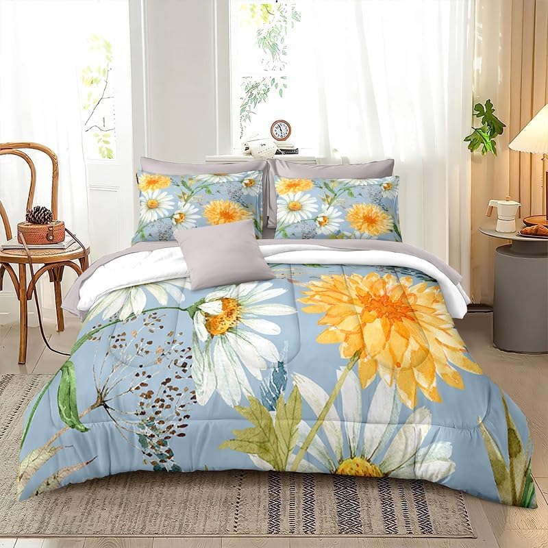 Daisy Comforter Set Queen Light Blue Spring Flowers 3 Pieces Microfiber Bedding Quilt for Couples Boys Girls Teens