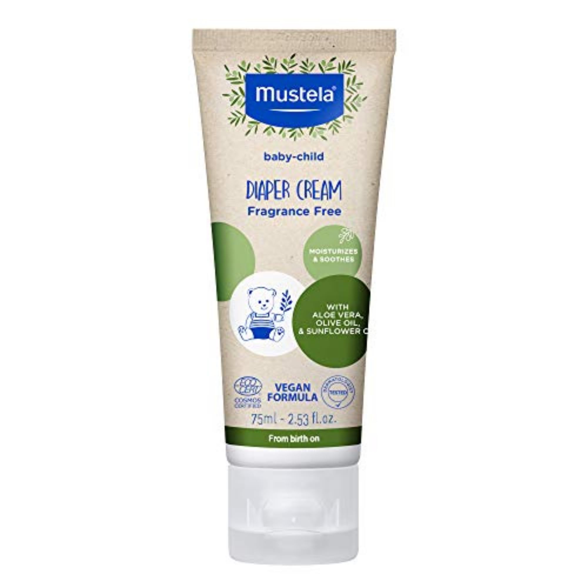 Baby Natural Diaper Cream - Fragrance-Free, Vegan & EWG Verified, with Olive Oil, Aloe Vera & Sunflower Oil - Soothes, Protects, Reduces Redness - 75ml