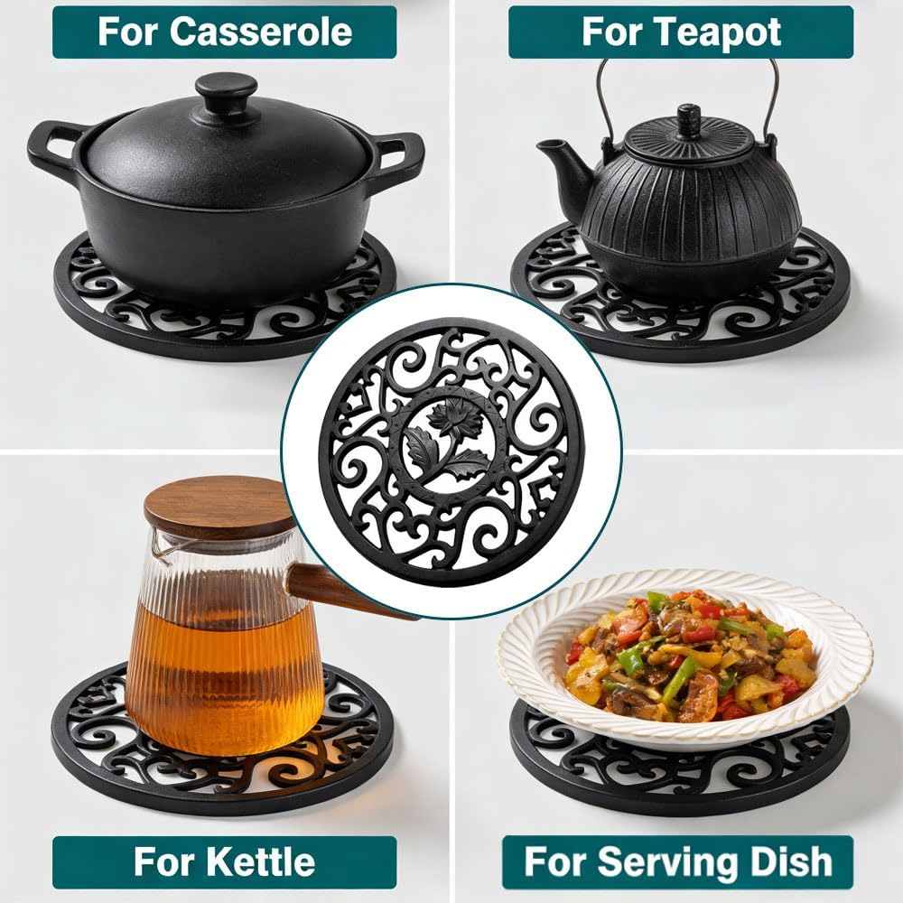sous-Verre Rond en Fonte de 11,5 cm, Support pour théière, Style rétro, sculpté, résistant à la Chaleur, avec Pied métallique, sous-Verre en Fonte, pour casseroles, poêles et théières Chaudes