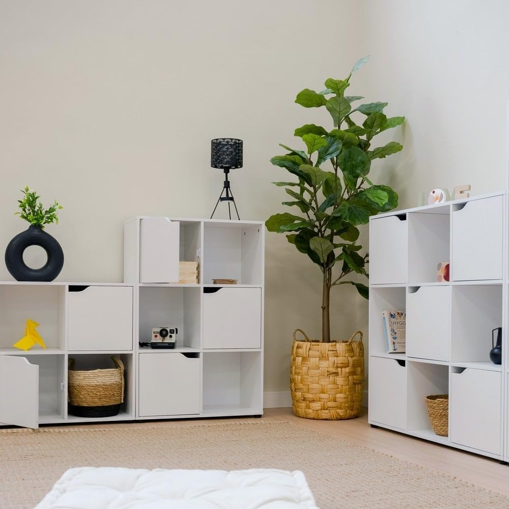 Estantería Cubo con 9 estantes y 5 puertas color blanco de 90x90x29 cm | Mueble de almacenaje compacto de tablero laminado de 12mm con puertas y huecos abiertos para dormitorio, salón o despacho