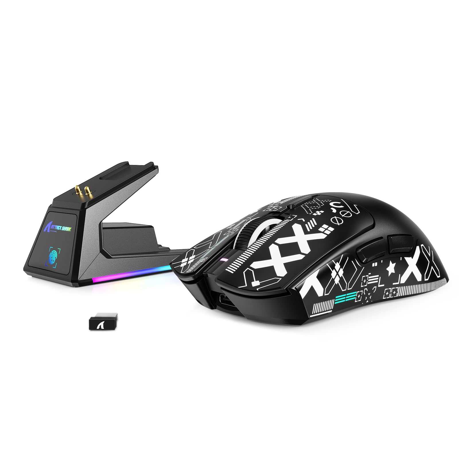 MAMBASNAKE Attack Shark X1 Mouse da Gioco 49g Leggero con Dock di Ricarica Touchpad, Sensor PAW3395 PRO 40K DPI, Mouse da Ufficio Wireless/Cablato BT/2.4G con Grip Tape per PC/Mac/Win11/PS - Nero