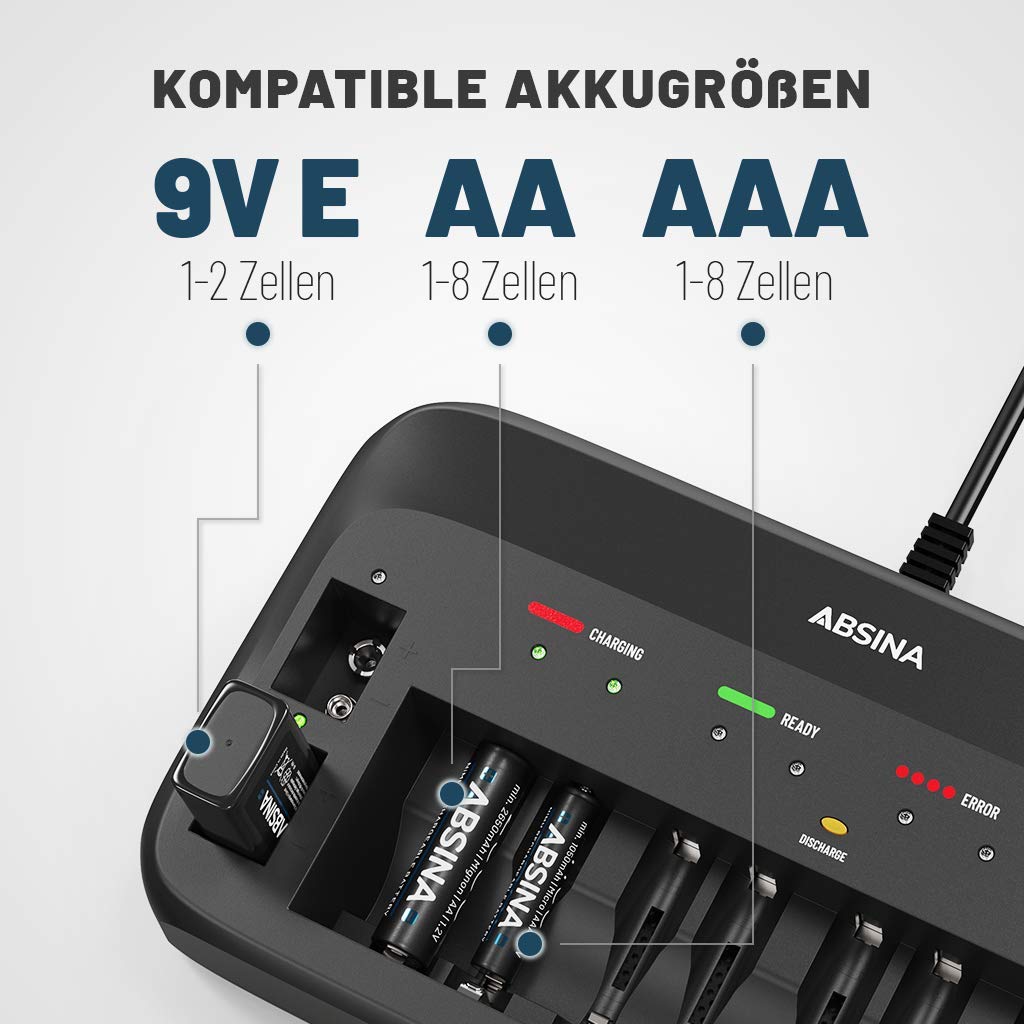 ABSINA Akku Ladegerät X10 für AA, AAA & 9V - Akkuladegerät 10-Fach zum Laden von wiederaufladbaren Akkus - NiMH Ladegerät Akku
