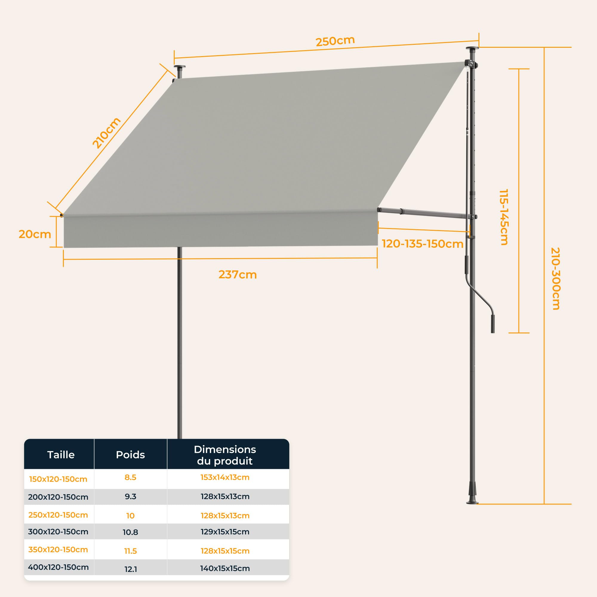 HOMEDEMO Store Balcon Rétractable avec poignée réglable, Résistant aux UV, Auvent Manuel Rétractable, Store Banne Hauteur et Inclinaison Réglable, pour Jardin, Patio Gris250 x (120-150) cm