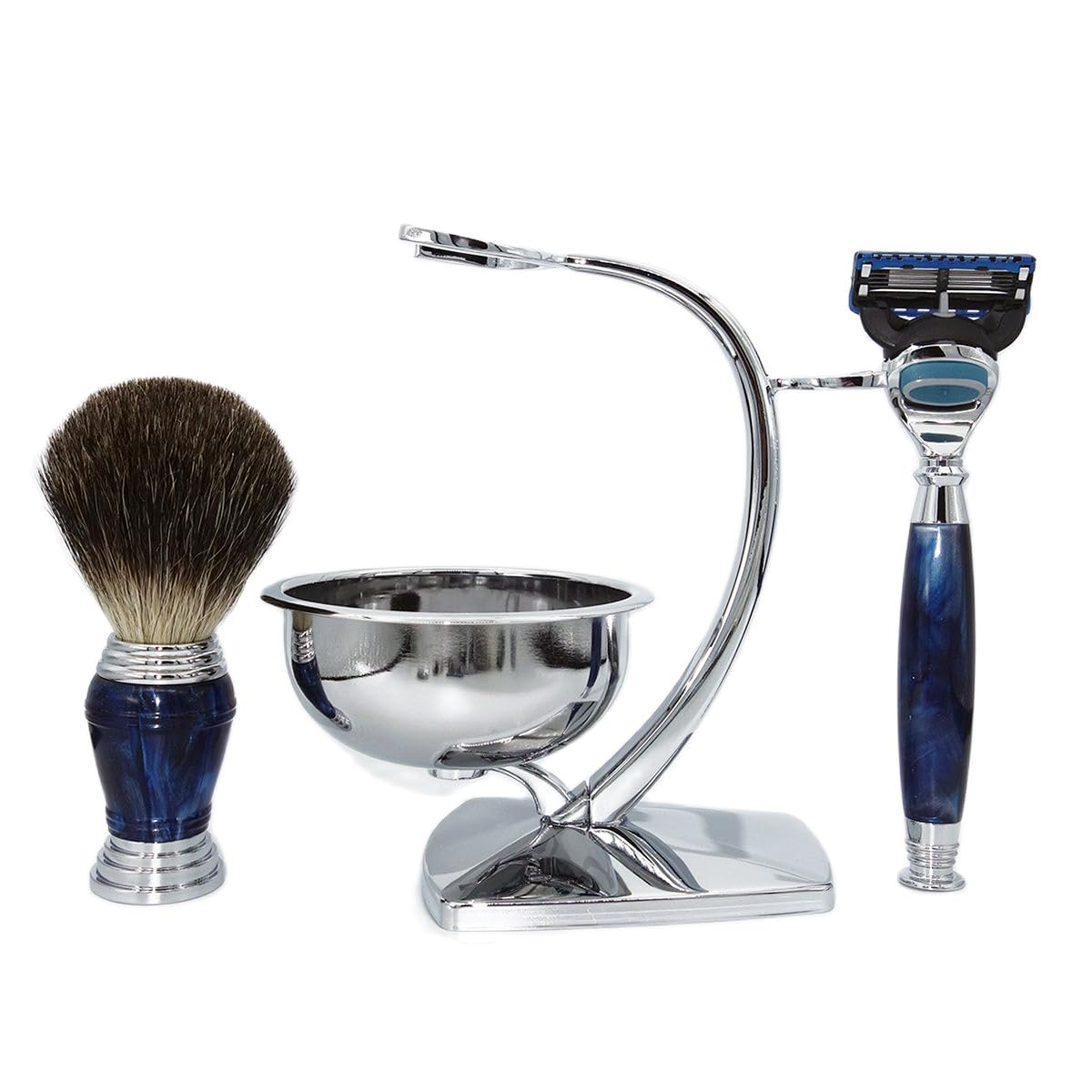 Juego de aseo de lujo para hombre, 5 cuchillas, compatible con maquinilla de afeitar, 100% pelo de tejón, cepillo de afeitar con mango marfil y base de soporte para jabón, diseño elegante,