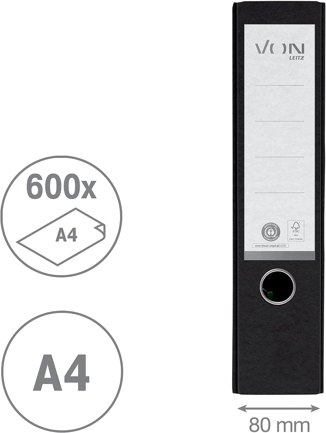 VON Leitz Set Ordner mit Register, 5er Pack Ordner A4, 100% Recyclingkarton, 80 mm Rückenbreite, Für 600 Blatt, Schwarz, 10570095 & 10er Pack 12-teiliges Register A4, 13010000