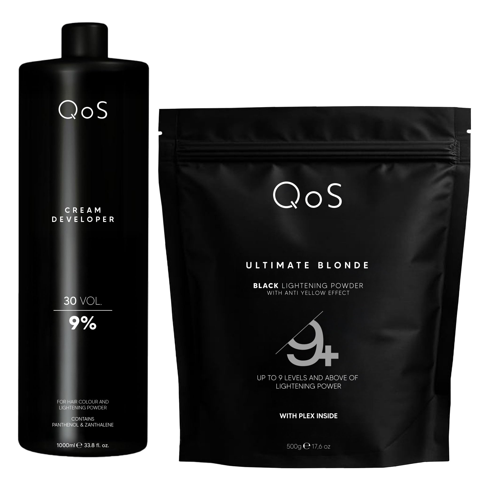 QOS Blondierset Black 9% (30 Vol), Blondierpulver 500g + Creme Entwickler 1000ml, Anti-Gelbstich, Plex/Bond-Support, Profi Haaraufhellung
