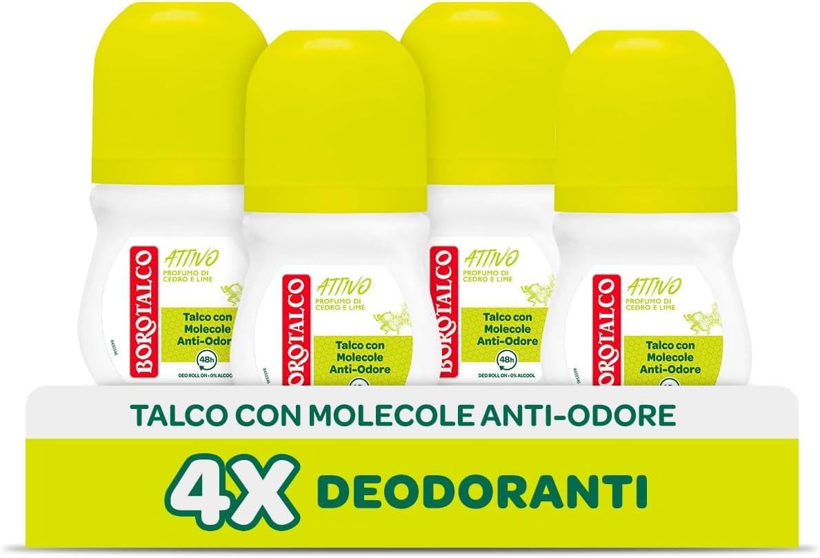 Borotalco, Deodorant Roll-On Aktiv Gelb, Talkum mit geruchshemmenden Molekülen, frische Wirksamkeit, 48h Wirksamkeit, ohne Alkohol, Duft von Zeder und Limette - 4 Stück à 50 ml - Exklusiv von Amazon