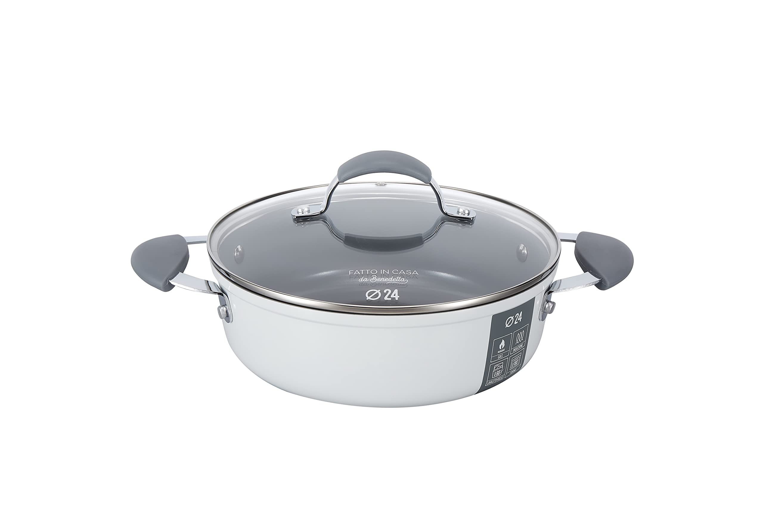 Fatto in Casa da Benedetta Tegame Antiaderente (diametro 24 cm) Alluminio 100% riciclabile con Coperchio in Vetro – Adatto anche per Induzione, Non contiene Metalli pesanti (Colore Grigio)