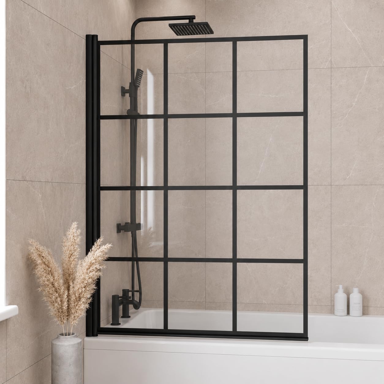 LUXURA® 1000 x 1400mm Black Square Grid Over Bath Shower Screen Door 6mm Clear Toughened Safety Glass Panel 180° Pivot Bathroom Hinged Framed Bath Screens