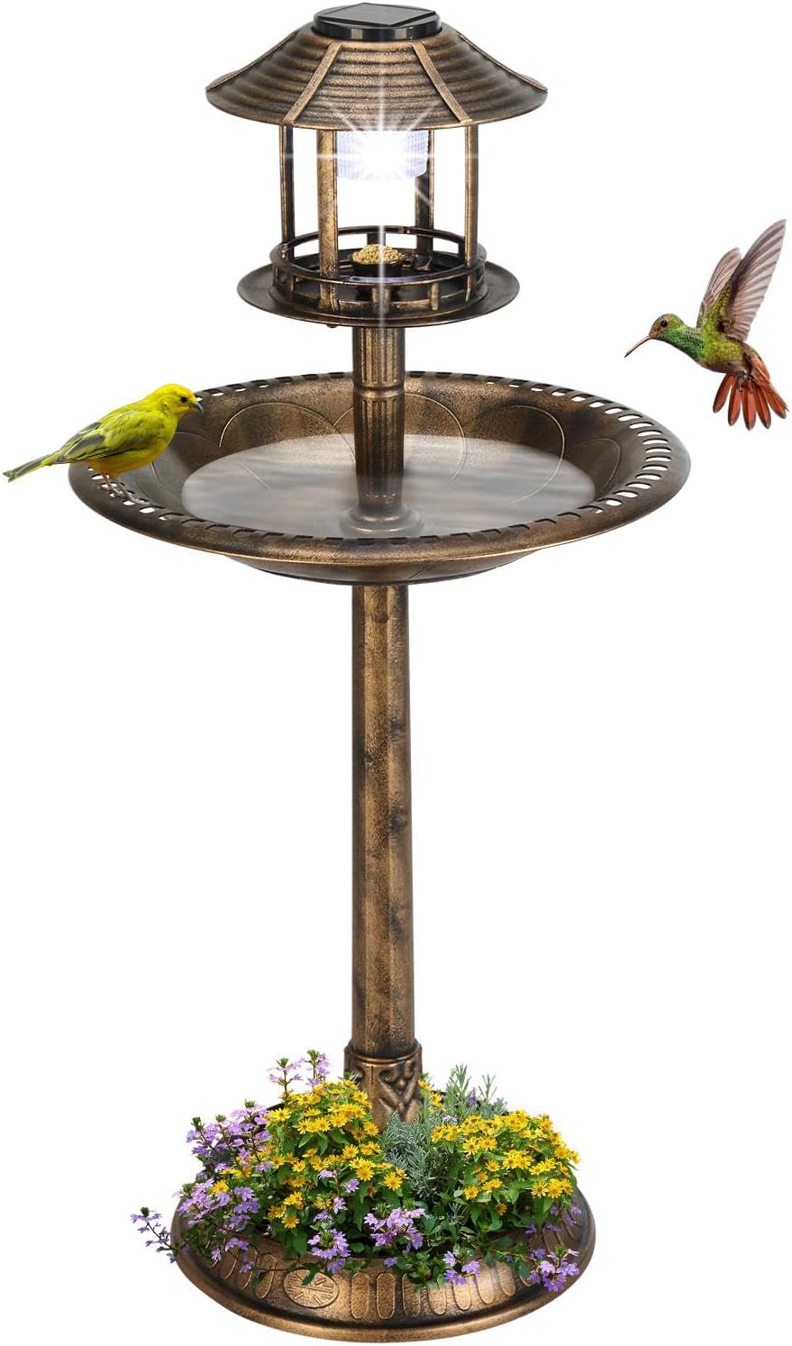 Outdoor Solar Lighted Pedestal Bird Bath Fountain,Round Antique Copper Resin