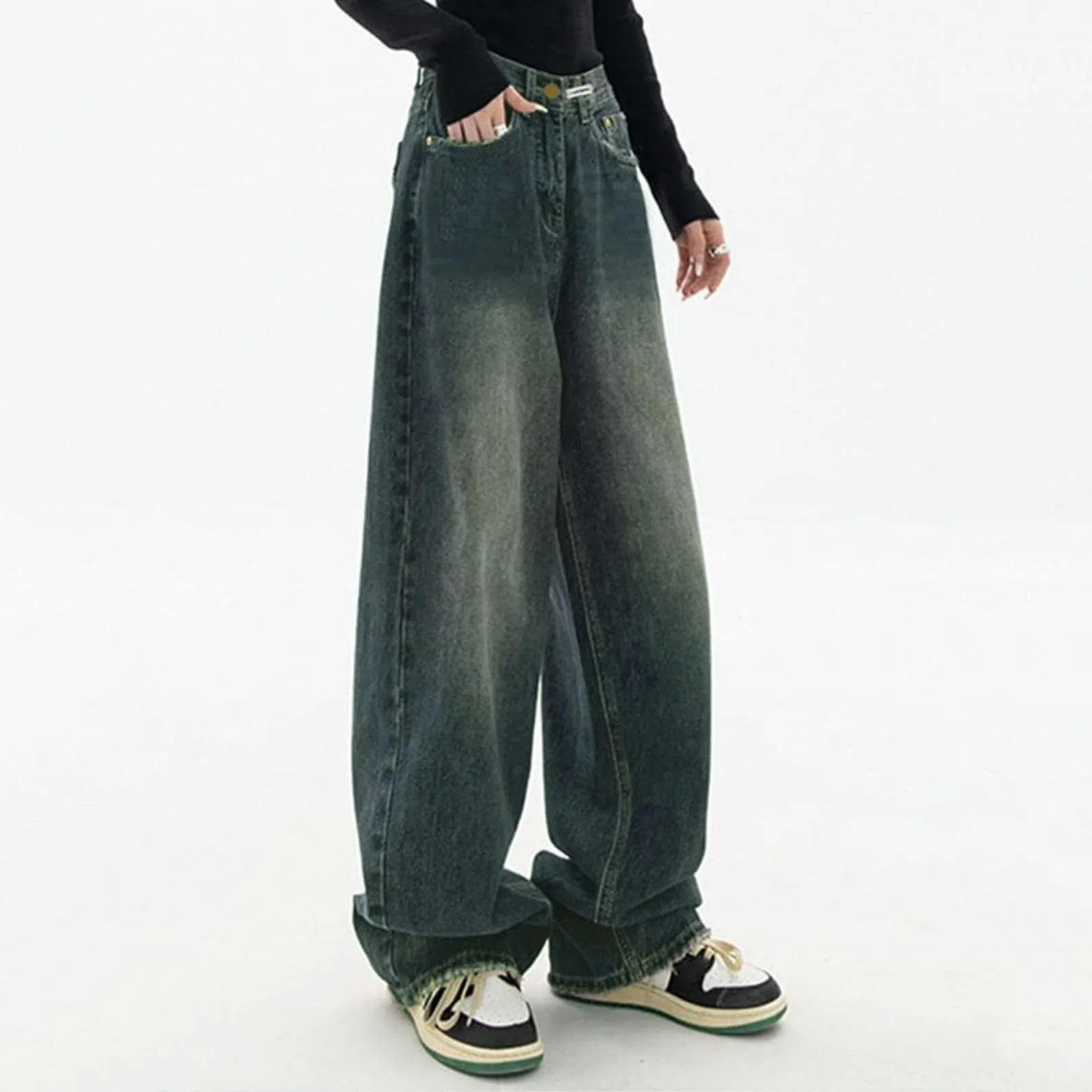 Pantalones De Mezclilla De Talle Alto De Moda Bolsillos De Calle Alta Pantalones De Mezclilla De Pierna Ancha Pantalones Vaqueros Holgados De Mujer-Azul-XXXL