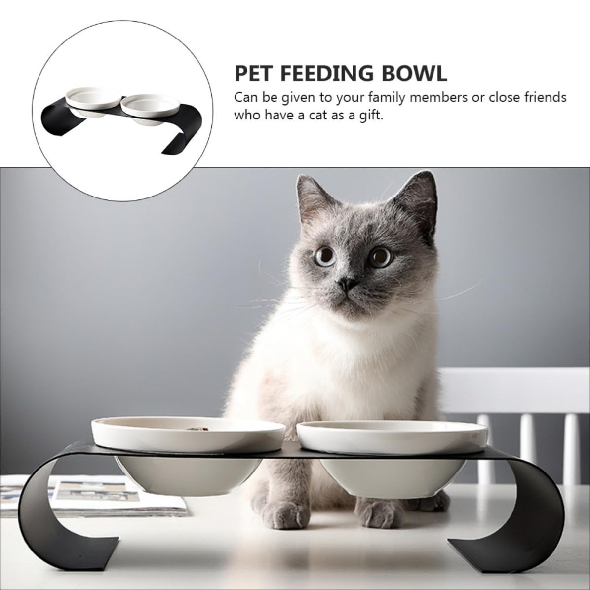 Comedero para Mascotas Cuencos de Cerámica y Soporte de Hierro Resistente, Doble Tazón Elevado para Gatos y Perros Pequeños, Diseño Simple y Práctico en Color Blanco