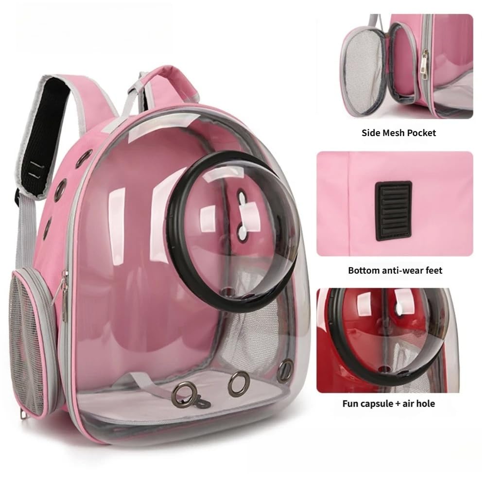 Space Capsule, zaino per animali domestici, con finestra trasparente a bolle, tasca laterale in rete, fori per l'aria, 42 x 33 x 18 cm, rosa