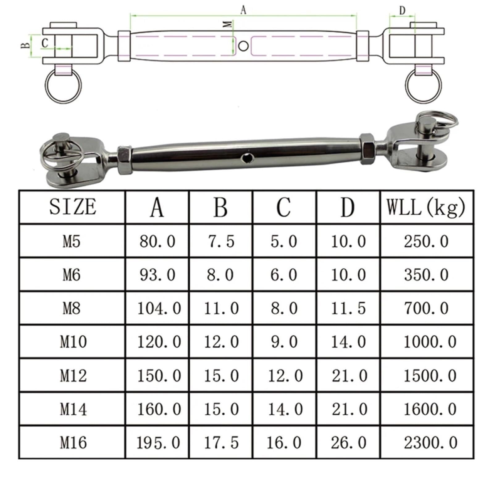 Tensor Cable Acero 2 Uds Tensor De Acero Inoxidable 304 M5/M6/M8/M10/M12/M14/M16 for Cable Marino Barandilla Cuerpo Velero Aparejo Hardware(M16)