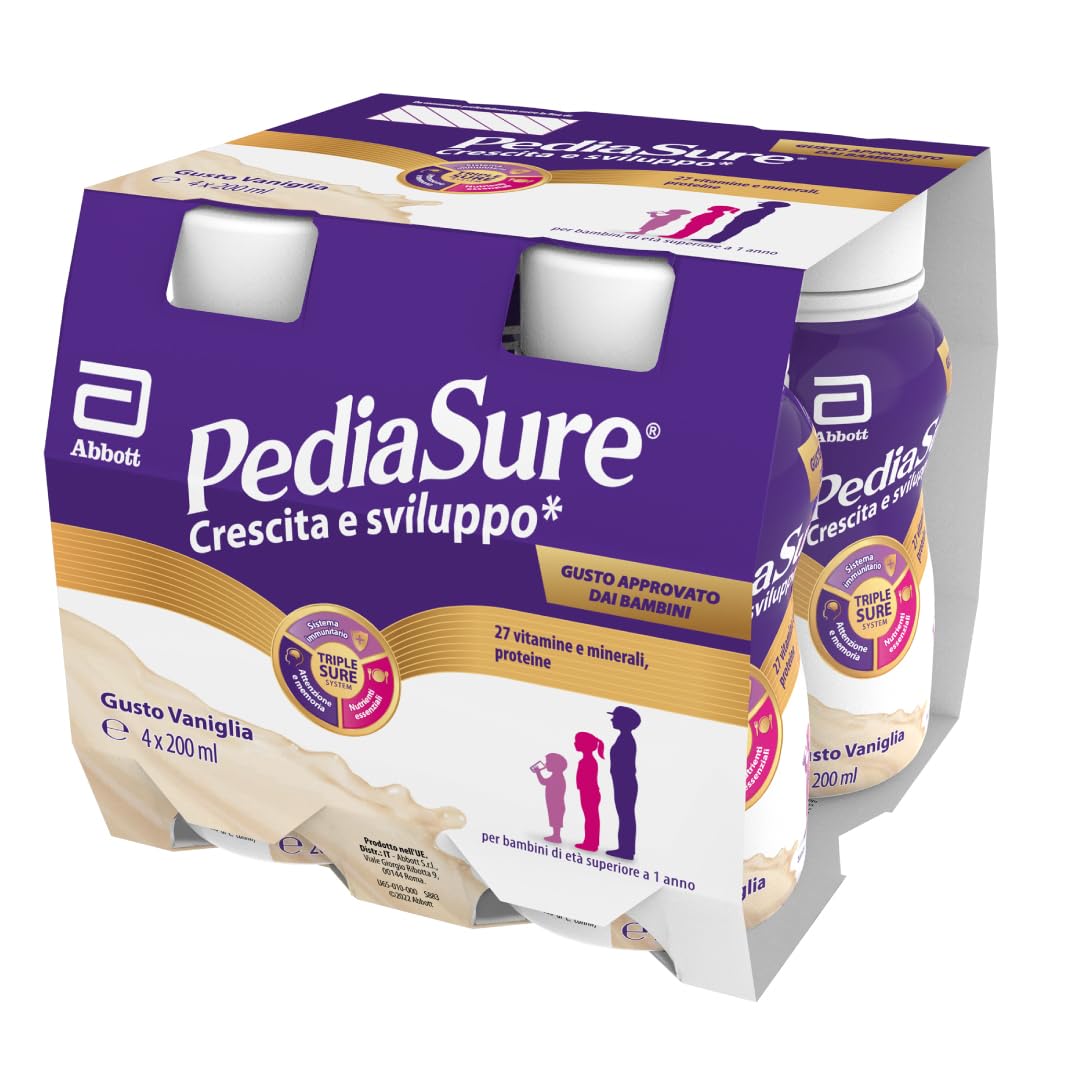 Pediasure Crescita e Sviluppo Drink, Integratore Bambini con Vitamine, Minerali, Proteine, per Difese Immunitarie, Concentrazione e Memoria, Formato Liquido 200 ml x 4 Pronto da Bere | Gusto Vaniglia
