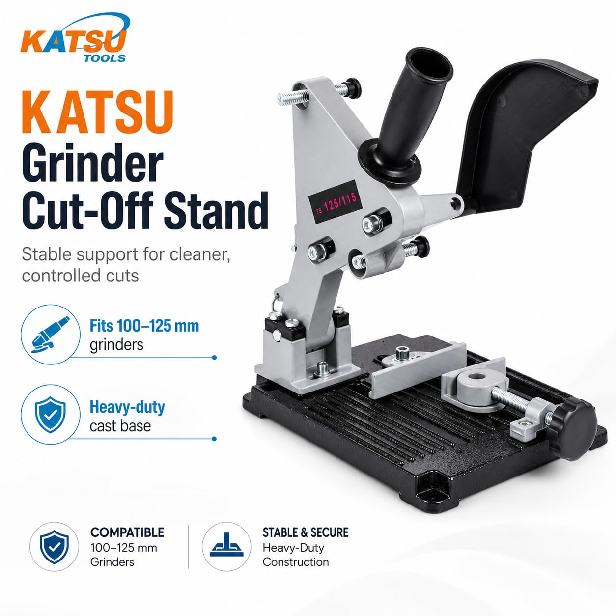 KATSU Supporto per Smerigliatrice Angolare - Ø 100mm a 125 mm Supporto per Smerigliatrice Elettrica con Base in Ghisa per Impieghi Gravosi con 11 Dischi da Taglio in Legno e Acciaio 105422