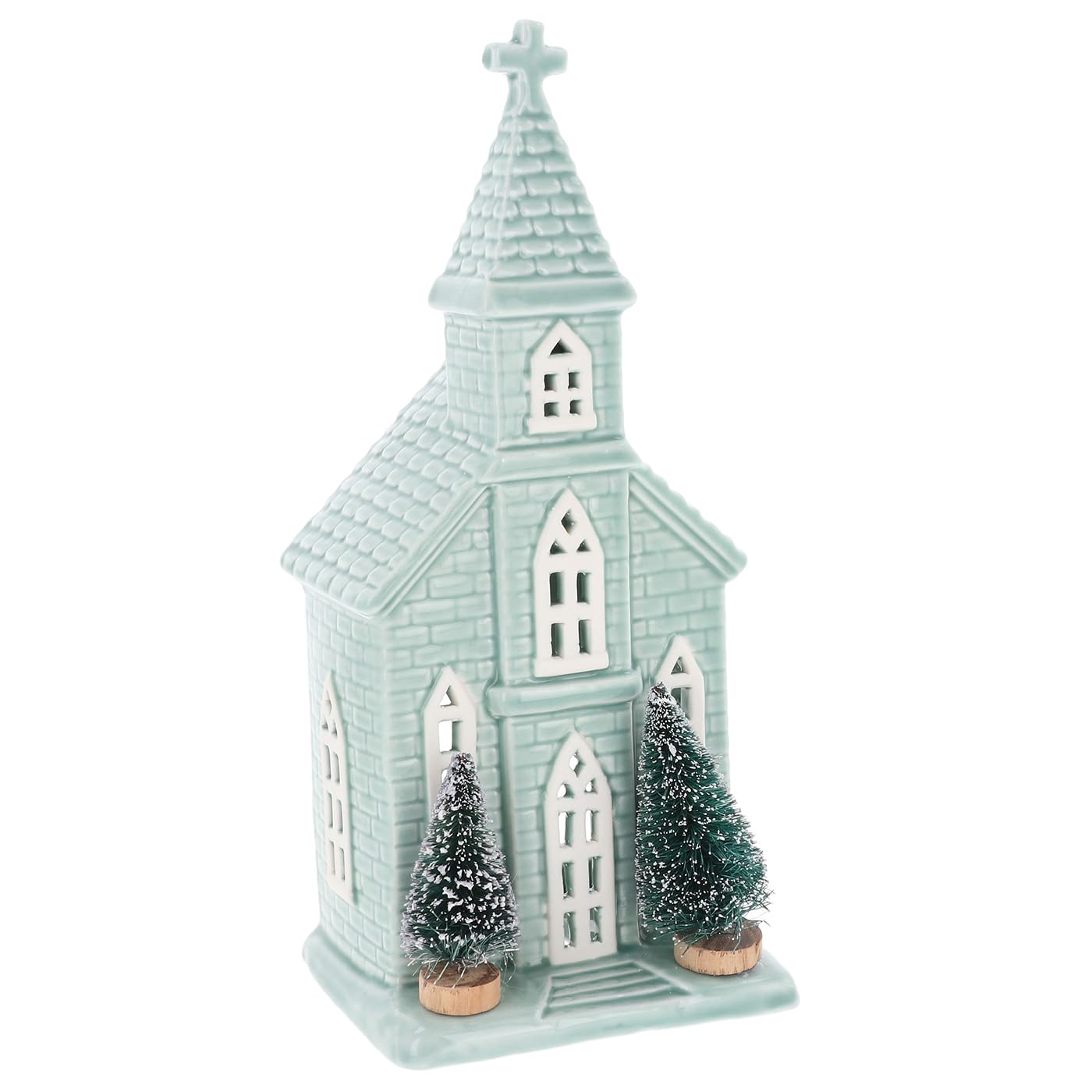 Shudehill Giftware Blue Festive Sage Green Tealight Holder Church With Christmas Tree Decoration - Medium Or Large Sizes (Large)