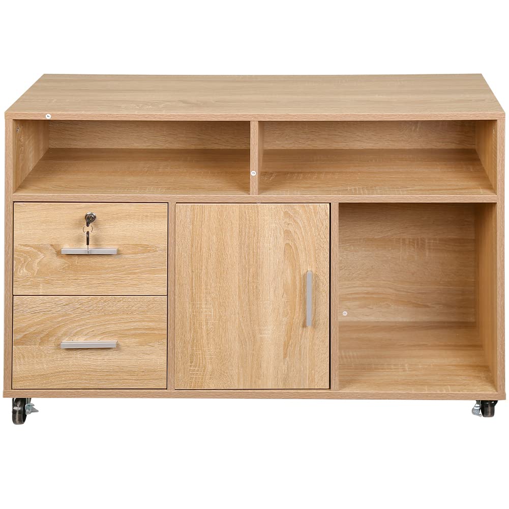BAKAJI Mobile Multiuso Porta Stampante in Legno con 3 Mensole, 2 Cassetti con Chiave e 1 Armadietto con Scomparti, Mobiletto da Ufficio Archivio Portadocumenti con Ruote Mobili, 100x35x65cm (Quercia)