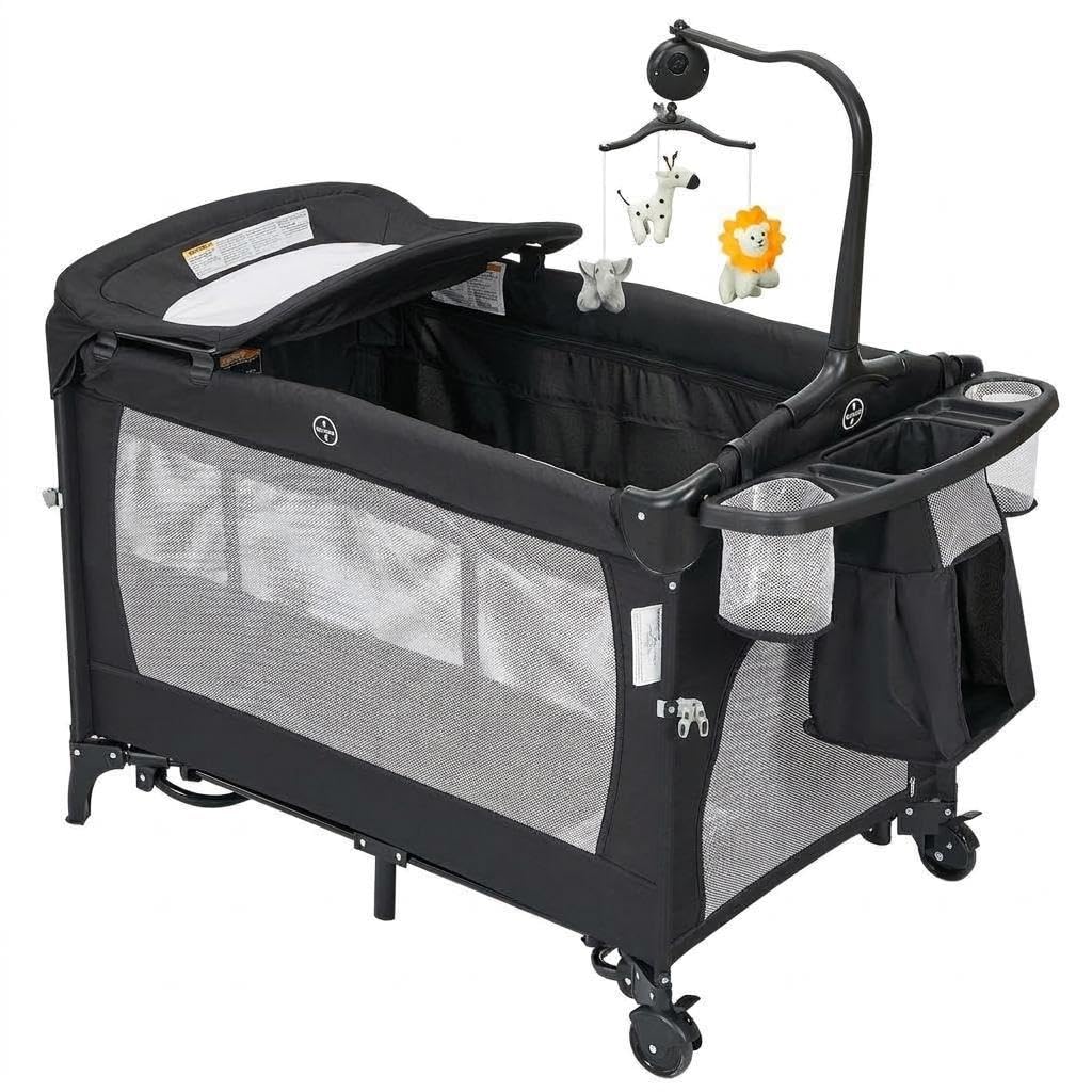 4-in-1 Babybett Schwarz: Beistellbett, Laufstall, Reisebett & Matratze