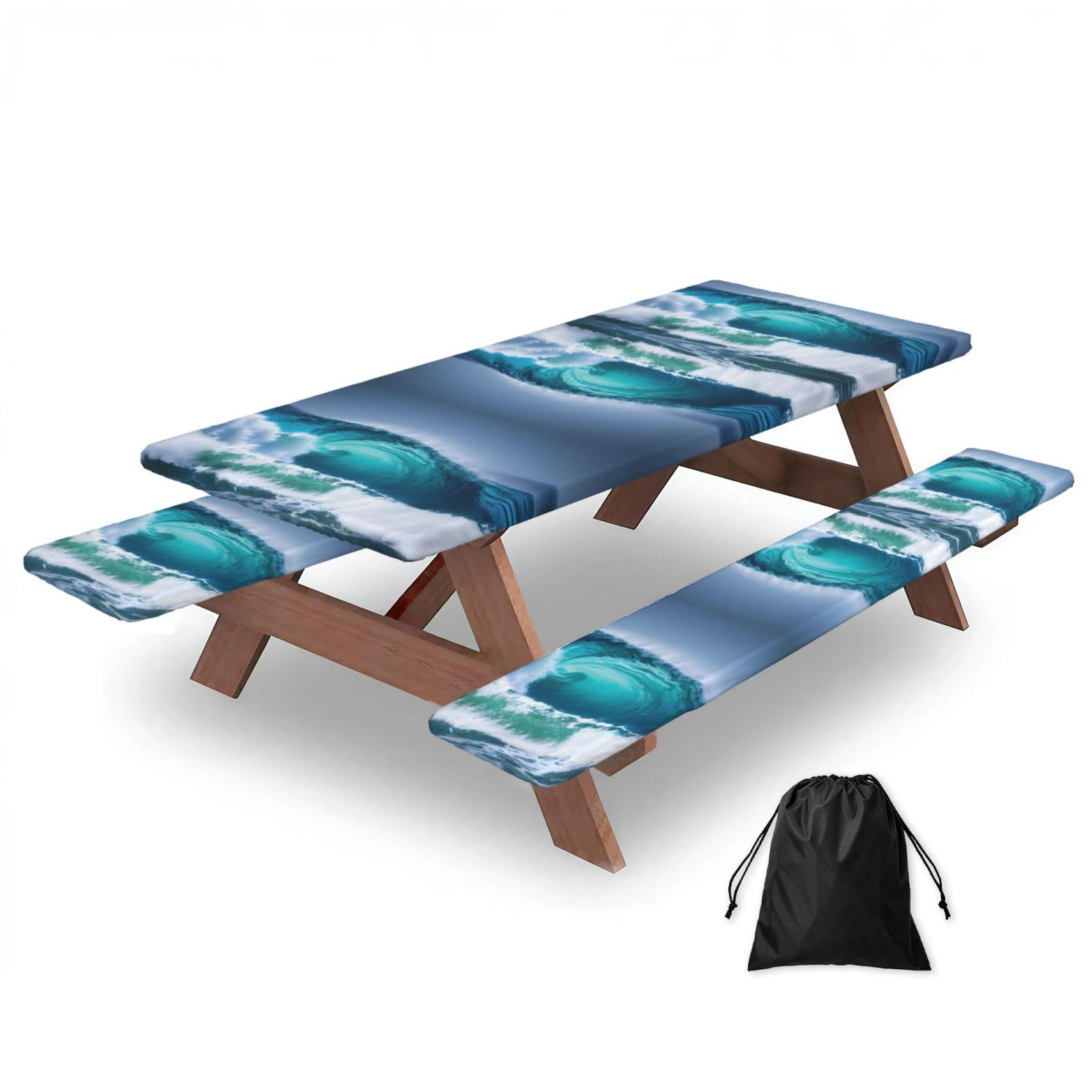 Ocean Wave Print 3 Pack Wipeable Picnic Bench Cover And Table Cover Lightweight Table Cloth For Camping Outdoor
