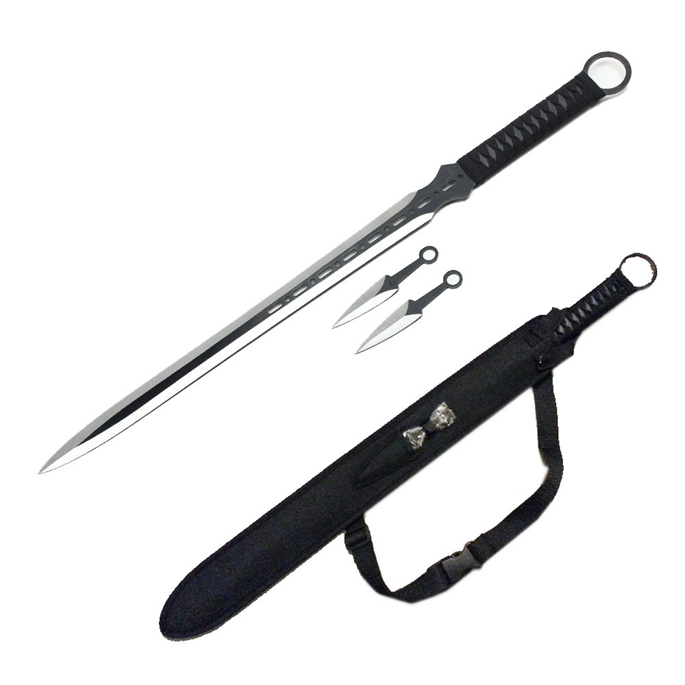 Ninja Sword Machete Throwing Knife Tactical Katana Tanto Blade, 27-Inch … (Black Double Blade)