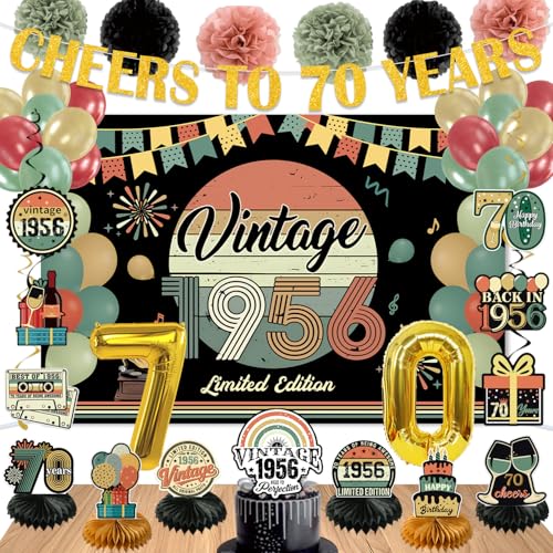 47Pcs 70th Birthday Decorations for Men Women PRE-STRUNG Vintage 1956 Banner Party Supplies Back in 1956 Backdrop Cake Topper Balloons 6Table Centerpieces Hanging Swirls Paper Pompoms PRE-ASSEMBLED