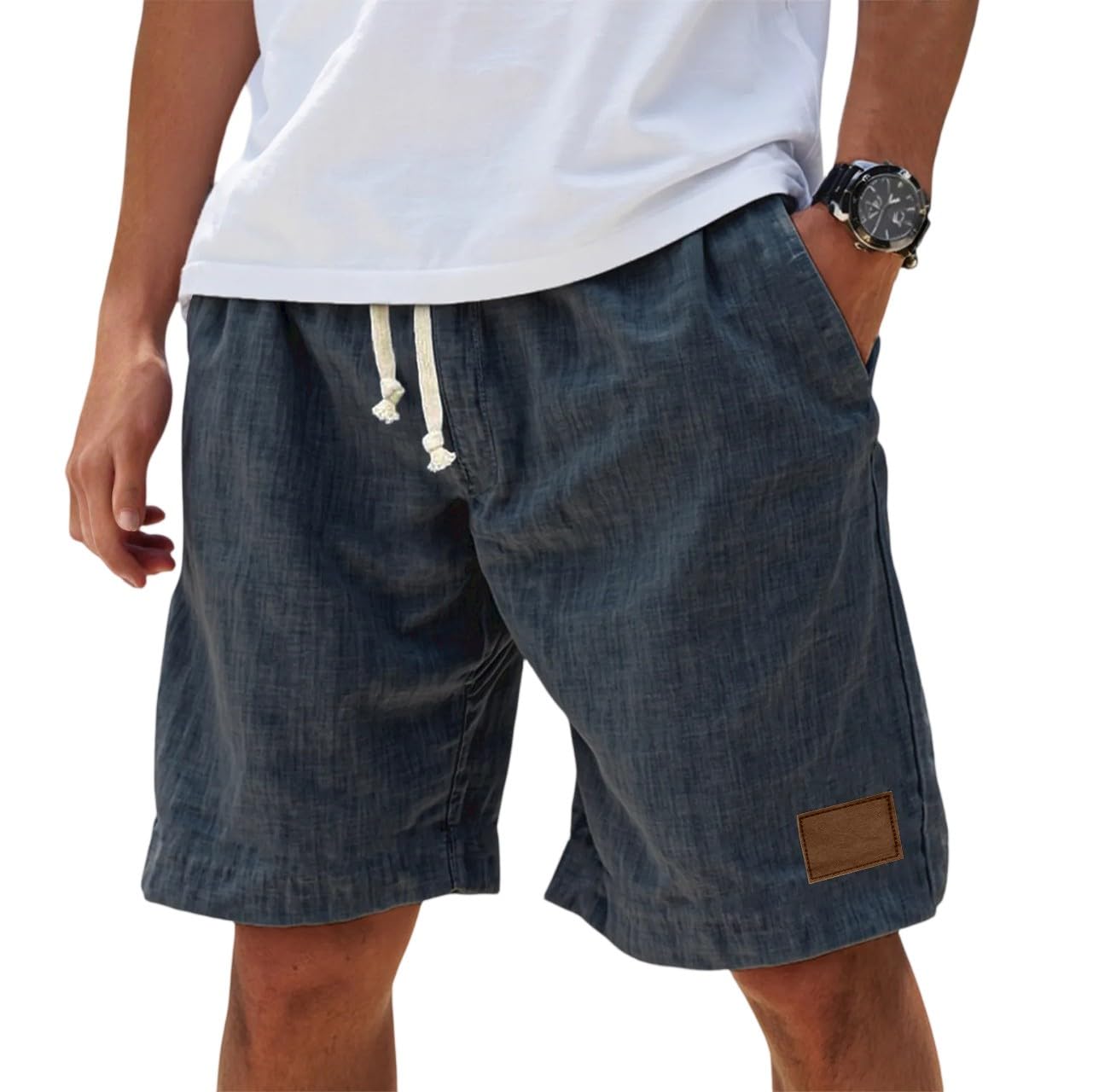 Shorts Herren aus Leinen Luftige Einfarbige Lockere Passform Freizeit Kurze Hose Sommer leichte und Bequeme Strandshorts.