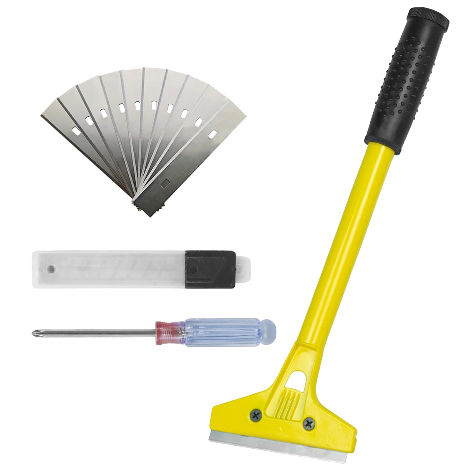AMSGANK Wall Scraper Tool with Long Handle, Heavy Duty Floor & Wall Paper Removal Tool Non Slip with 10 Spare Blades for Cleaning Glass Floor Wall Paint Adhesive Sticker Stripper