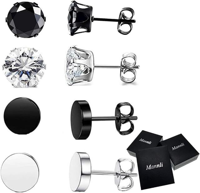 4-6Pairs Stainless Steel Stud Earrings for Men Women CZ Round Earrings Black 4mm-8mm with Jewelry Box