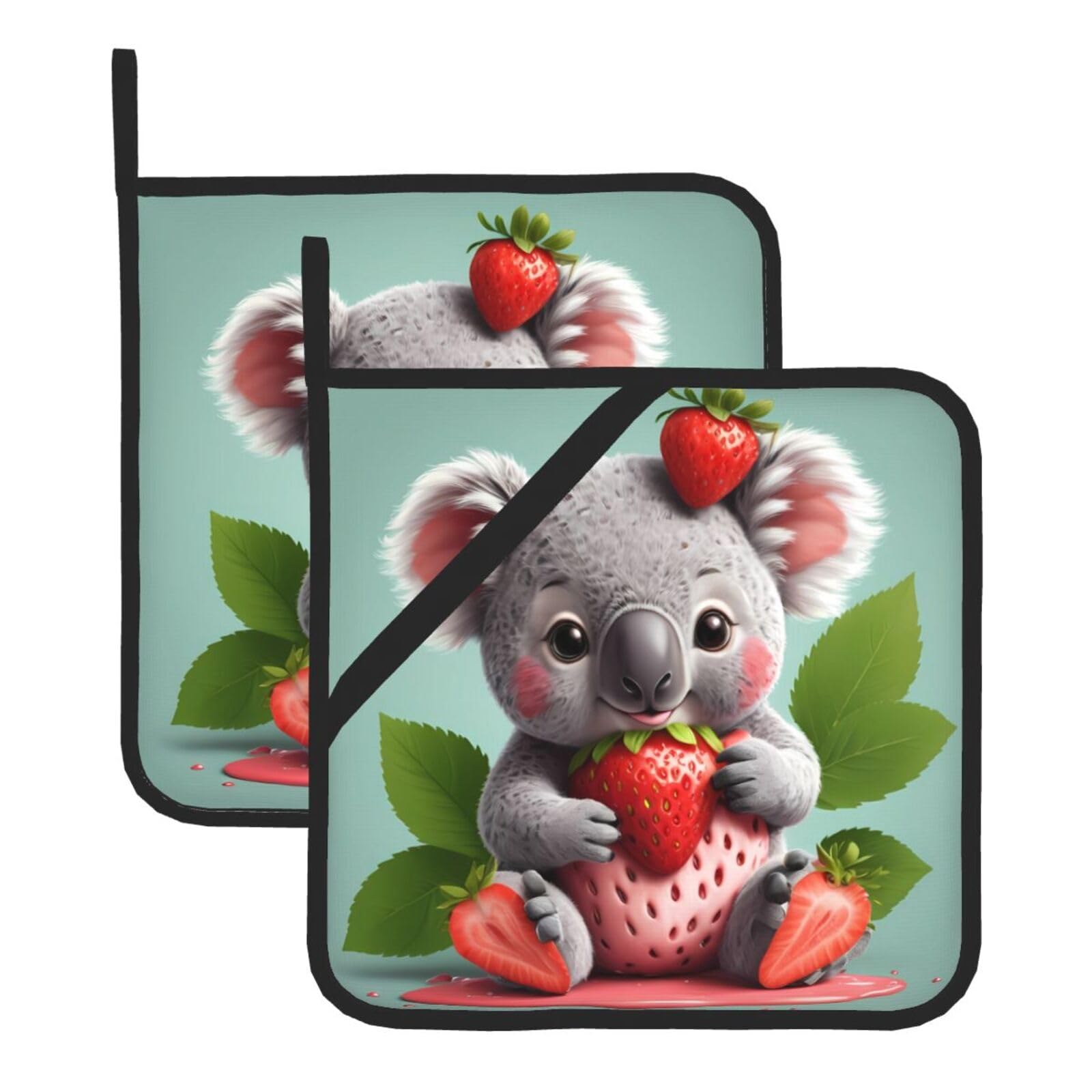 HJFCZH Strawberry Koala Printed Square Insulated Pot Mat Set (2-Piece) 8x8in Waterproof, Thickened & Easy to Clean with Lanyard Design for Kitchen, Oven & BBQ