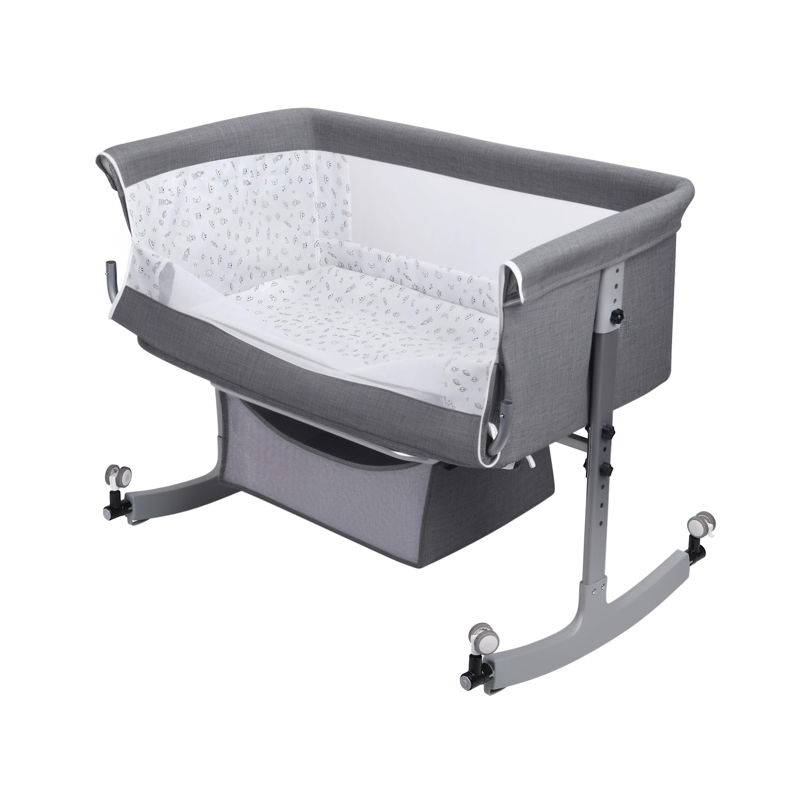 Berceau Cododo Bébé Évolutif avec Moustiquaire, Lit Bébé Réglable en Hauteur et Bascule, Couffin avec Support et Roues Verrouillables – Gris