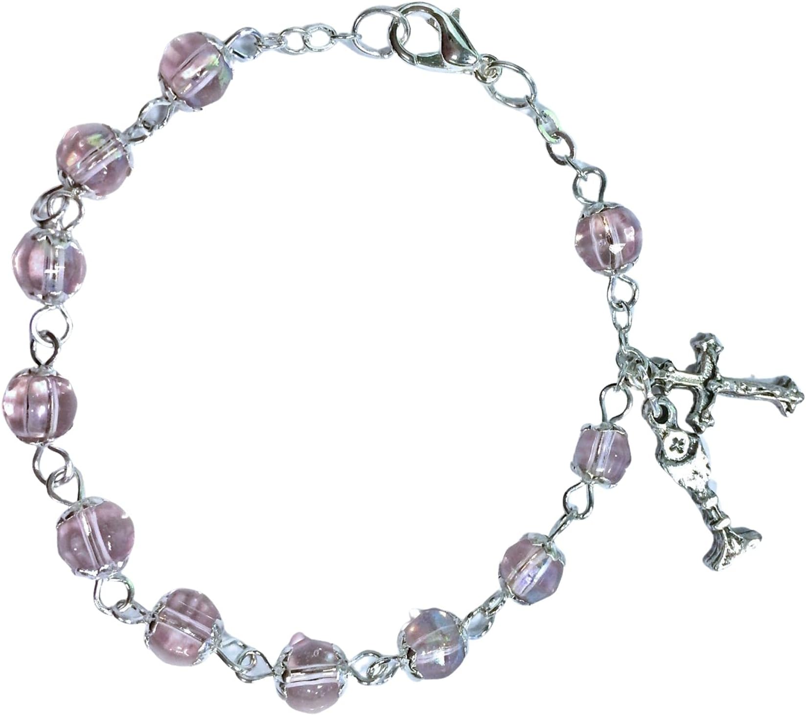 First Communion Pink Bead Rosary Bracelet with Chalice and Crucifix Charm, 6 Inch