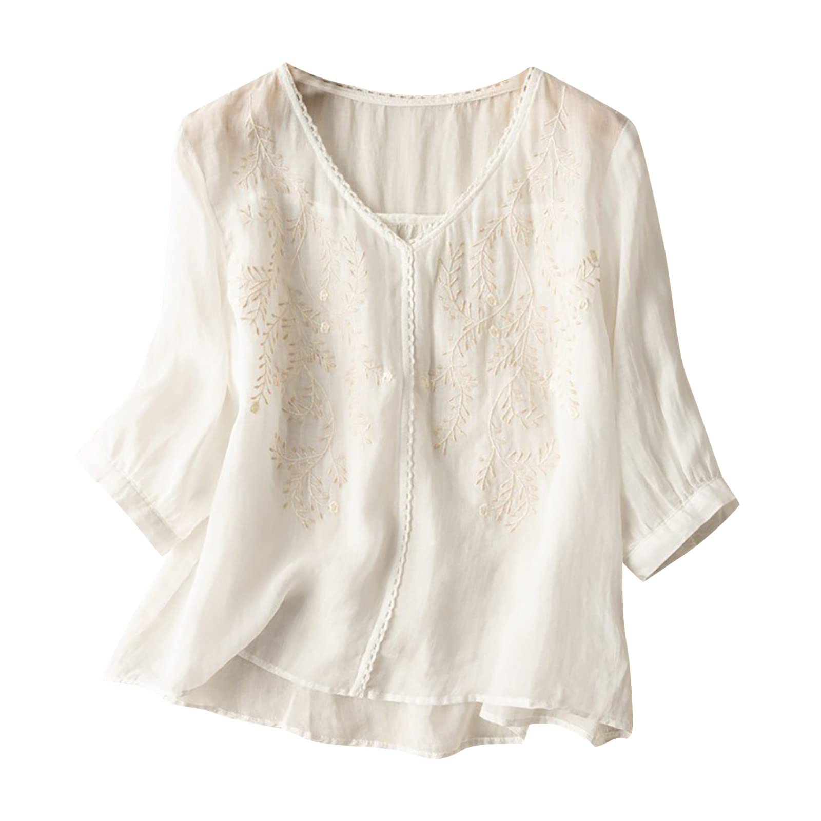 V Neck Linen Tshirts for Women Summer Fall 3/4 Dolman Sleeve Relaxed Fit Long Basic Tee Shirt Tops Women 2025 FN