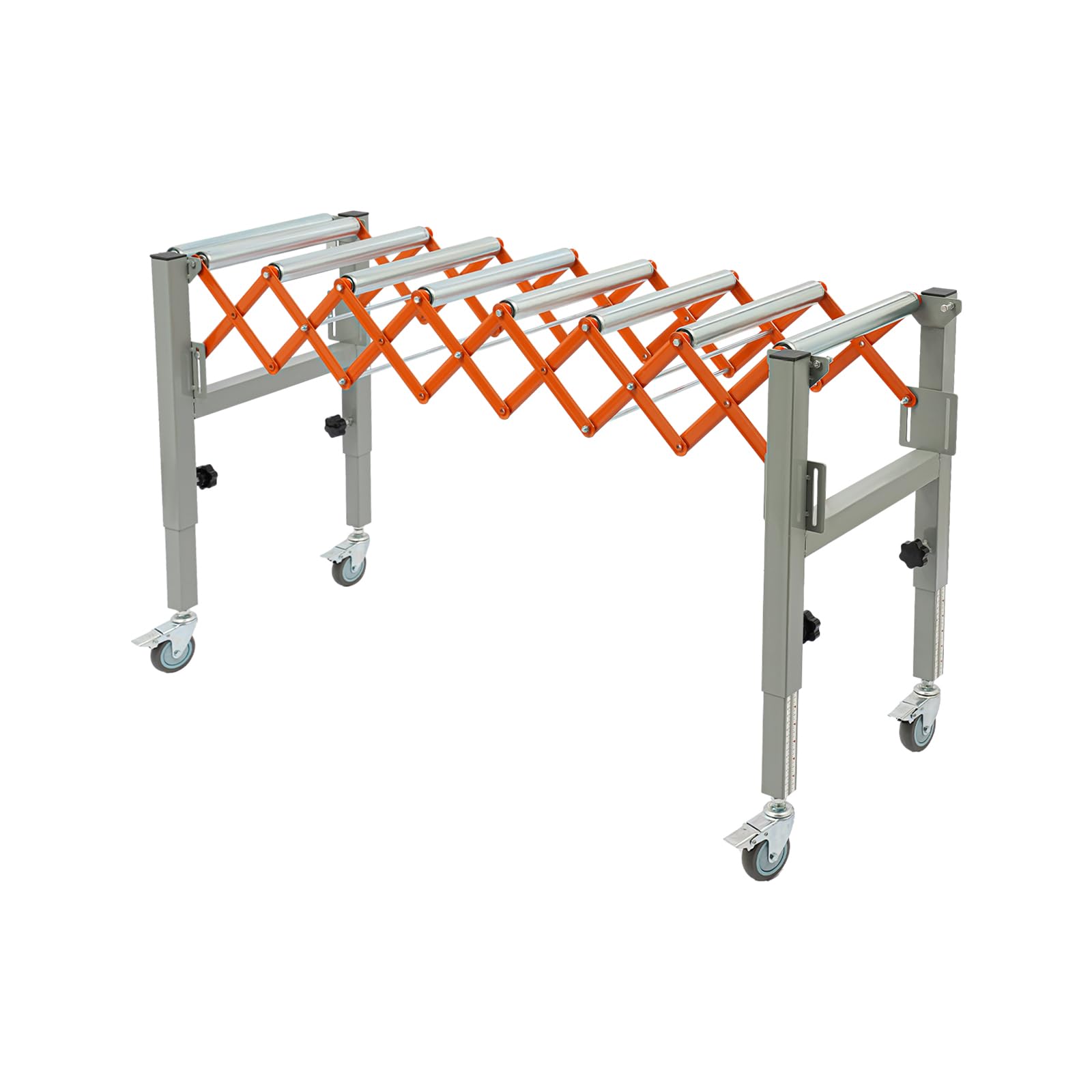 Mesa transportadora ajustable, rodillo de tijeras, capacidad de carga de 50 kg, cinta transportadora con 4 ruedas de freno, longitud ajustable (46-130 cm) y altura (50-80 cm)