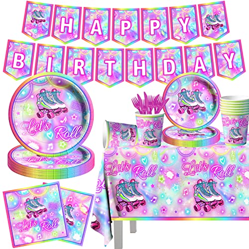 142Pcs Roller Skating Birthday Party Supplies Tableware Set Roller Skater Decoration Let's Roll Birthday for Boy or Girl,Colorful Plates and Napkins Cups Tablecloth Banner