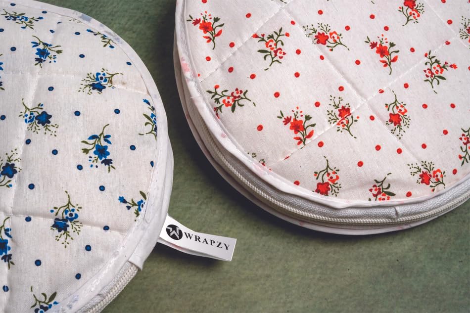 Wrapzy - Floral Print Round Roti Cover with Zip - Roti Cover Set - Roti Cover for Cassrole - Disk Chapati Tortilla Covers - Pack of 2 3