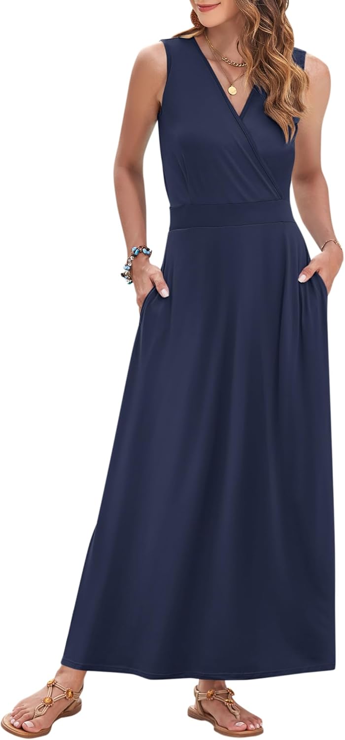 AUSELILY Women's Maxi Dress 2026 Summer Casual Sleeveless Sundress V Neck Wrap Vacation Cocktail Long Dresses with Pockets