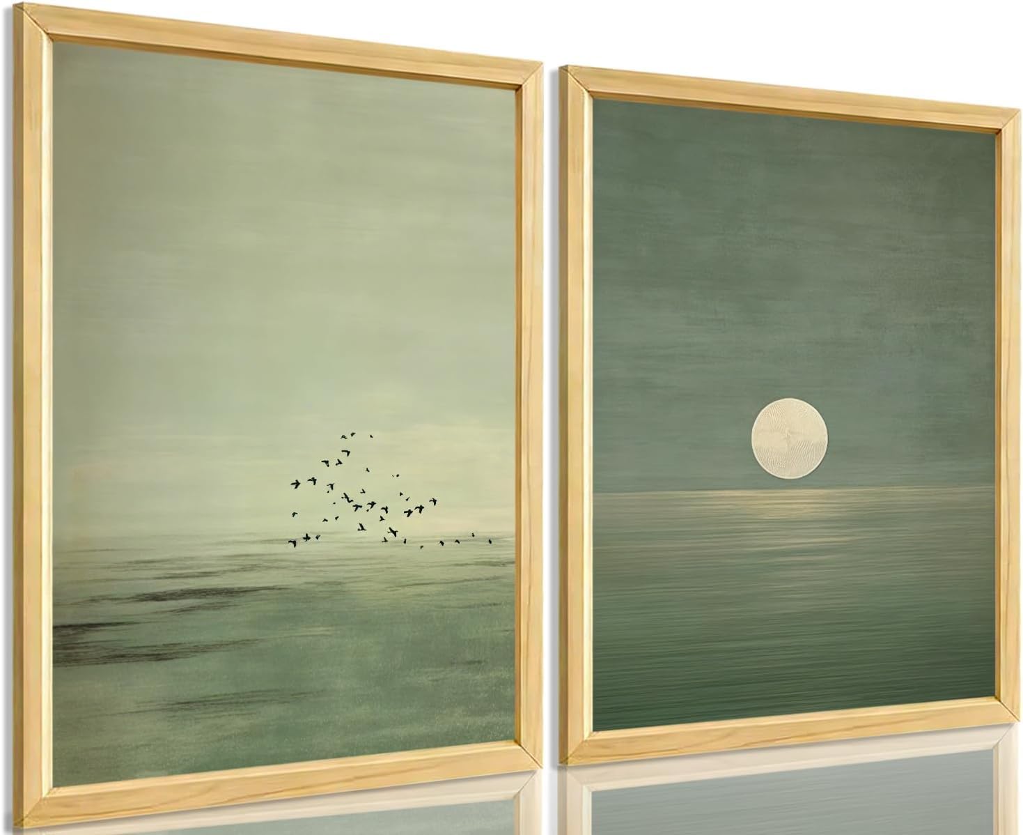Japanese Sage Green Wall Art Minimalistyczny plakat z motywem księżyca i ptaka, do salonu, sypialni, biura (80 x 120 x 2/wewnętrzna rama)